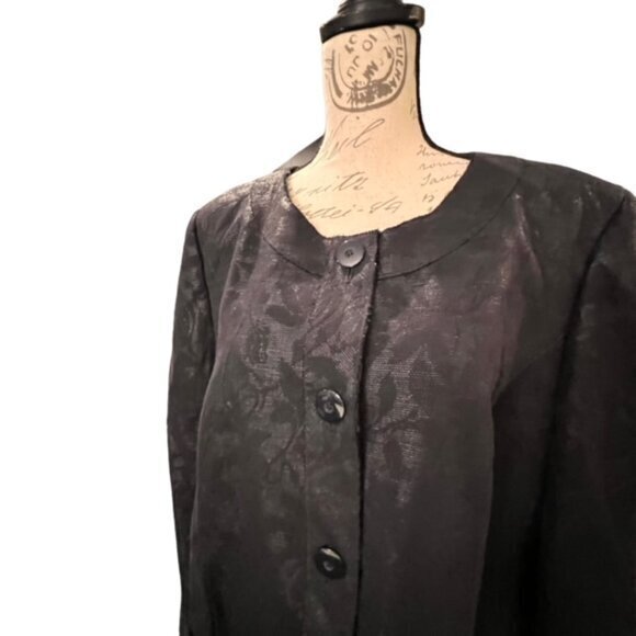 Talbots Woman Collarless Blazer Size 14W Black Brocade Italian Fabric Button Up - Picture 6 of 14